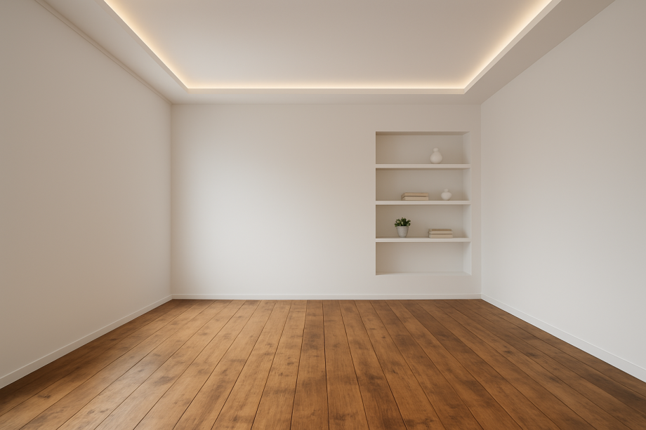 En la imágen puede observar un pasillo con armarios y la parte iluminada es la pared decorada con papel.